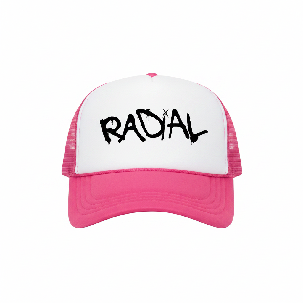 Hot Pink & White 2-Tone Radial Trucker Hat - Black Logo