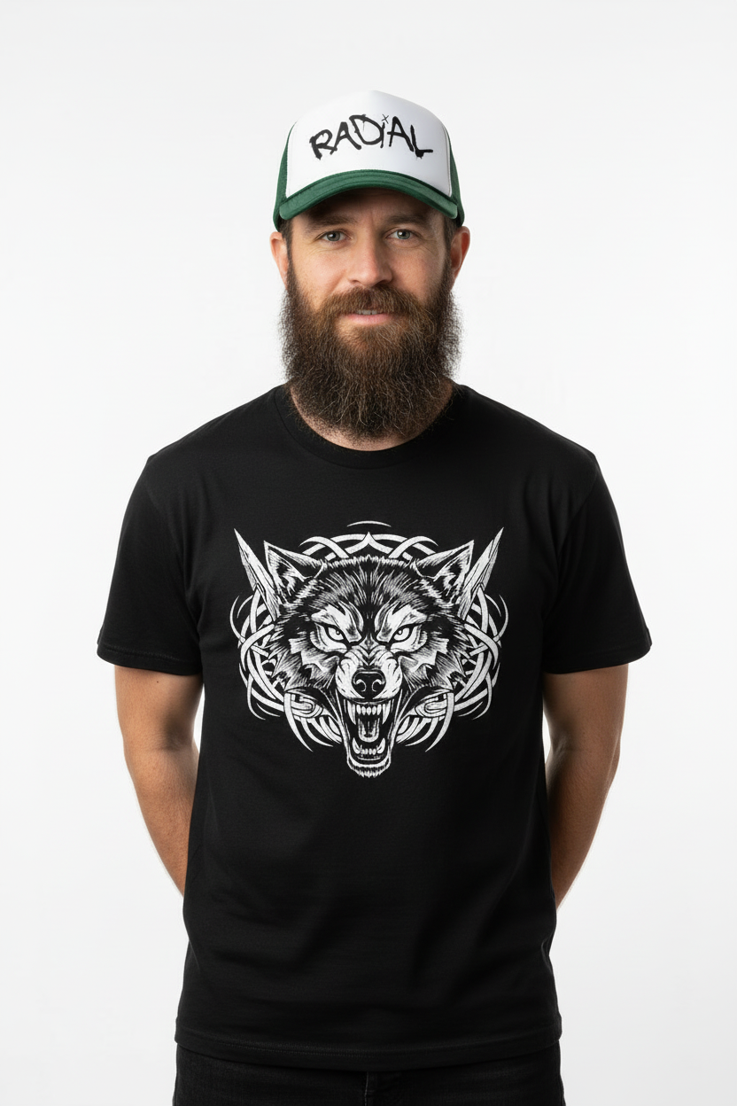 Rugged man model wearing black graphic tee and white and green Radial trucker hat