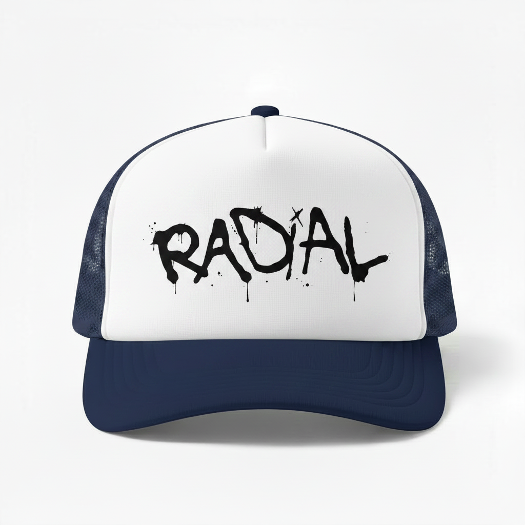 Navy & White Radial Trucker Hat - Black Logo