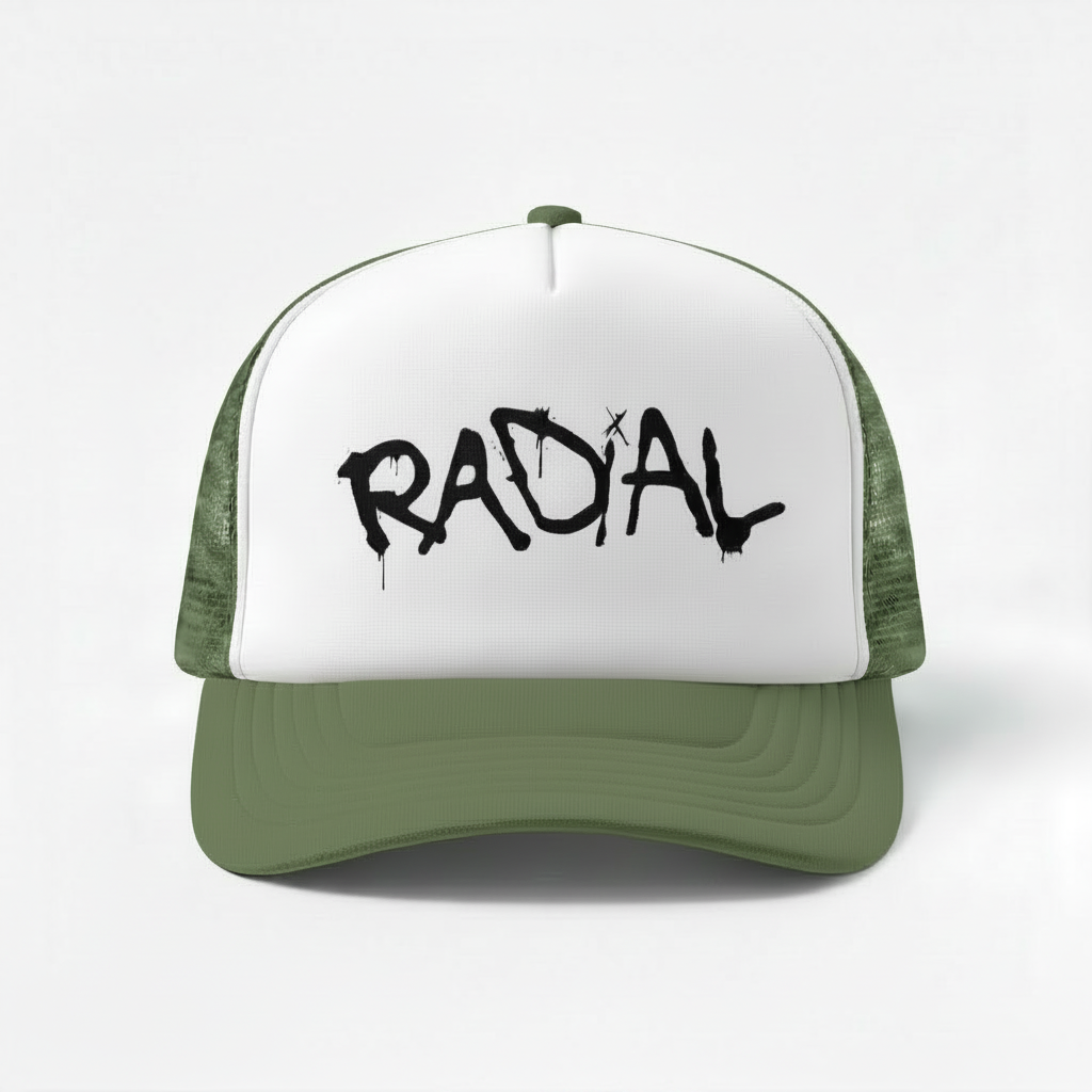 Solid Army Green Radial Trucker Hat - Black Logo