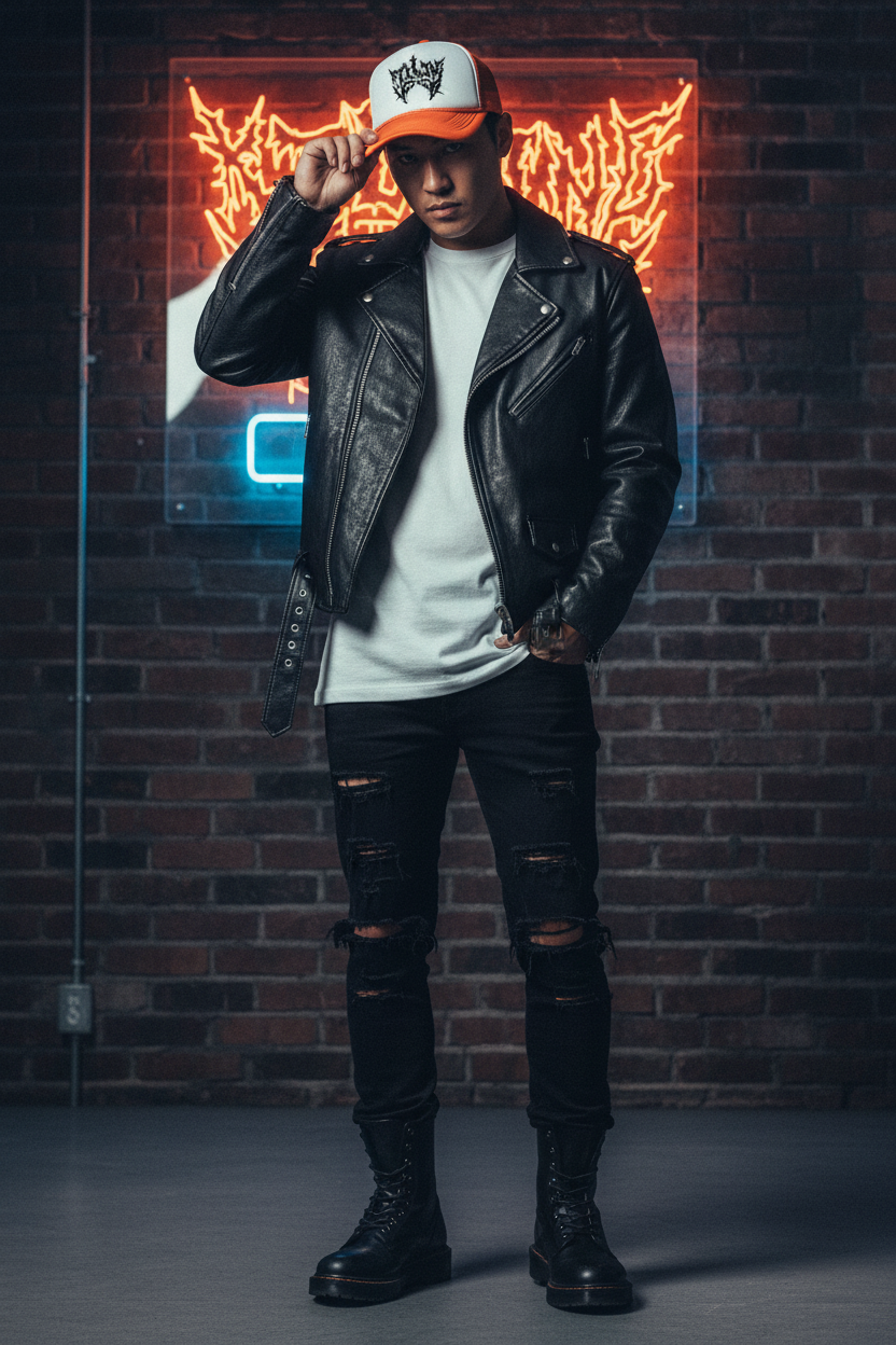 Model wearing Killing The Void trucker hat in a grunge outfit