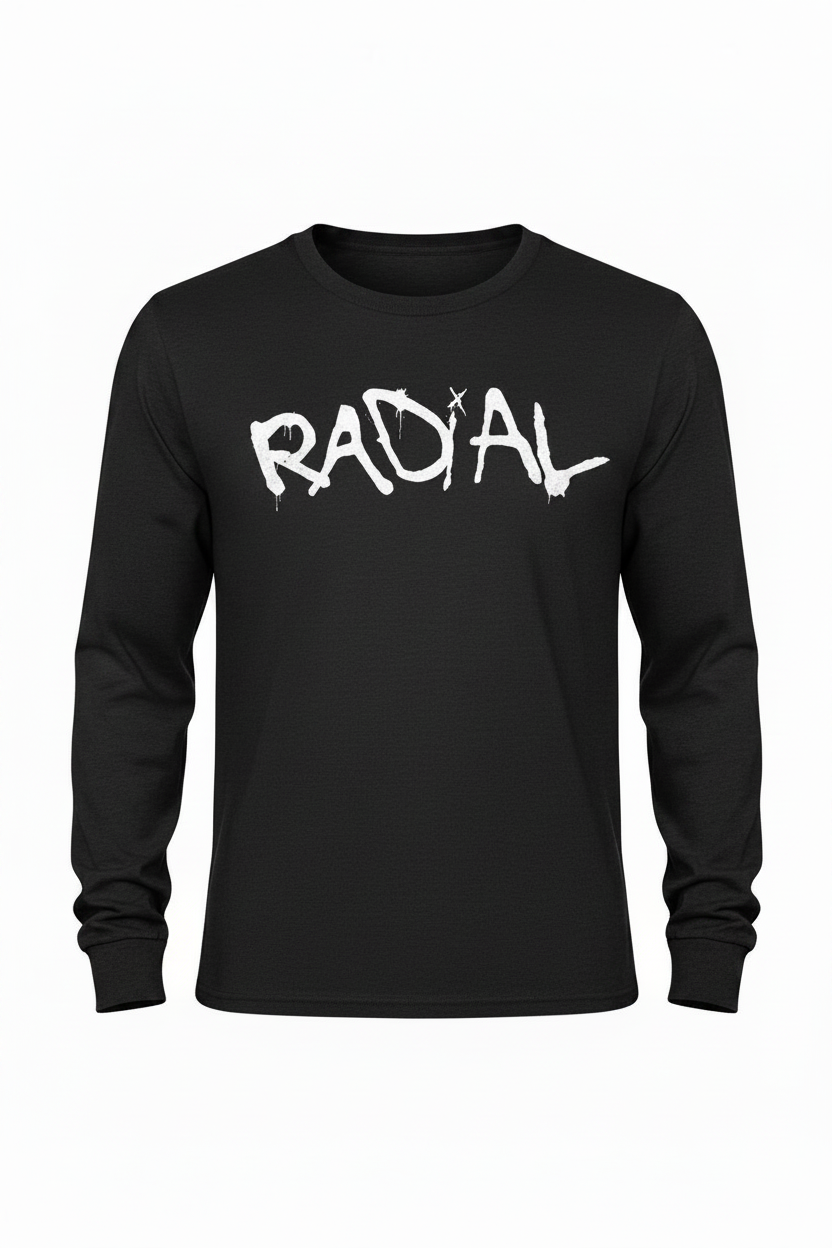 Black Long Sleeve Radial T-Shirt - Flat Lay White Logo
