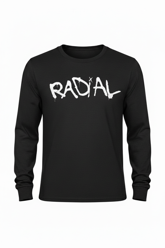 Black Long Sleeve Radial T-Shirt - Flat Lay White Logo