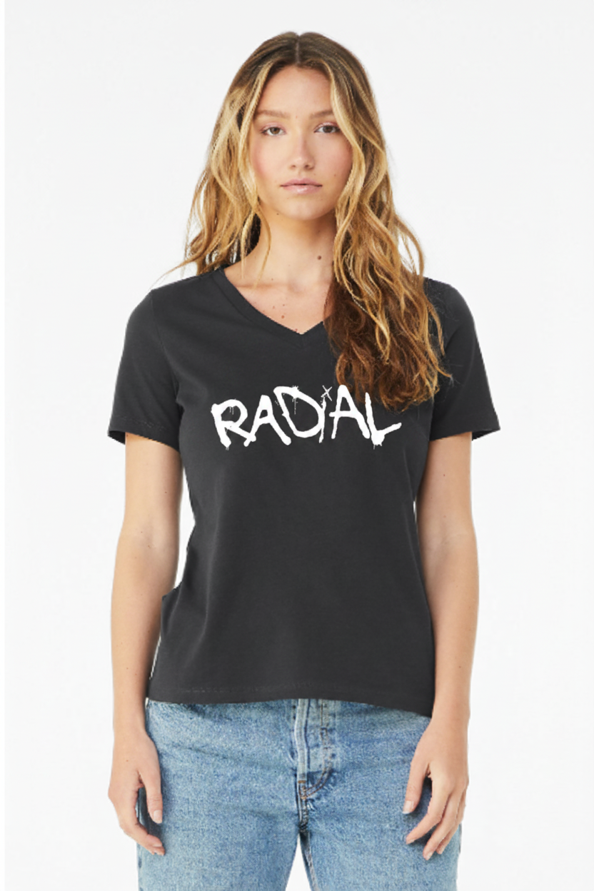 Black V-Neck Radial T-Shirt on Model - White Background