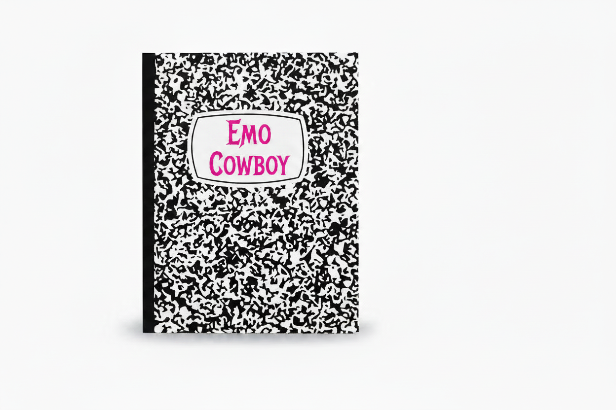 A black and white marbled composition notebook with a white label in the center featuring the text 'EMO COWBOY' in pink lettering, shown on a plain white background.