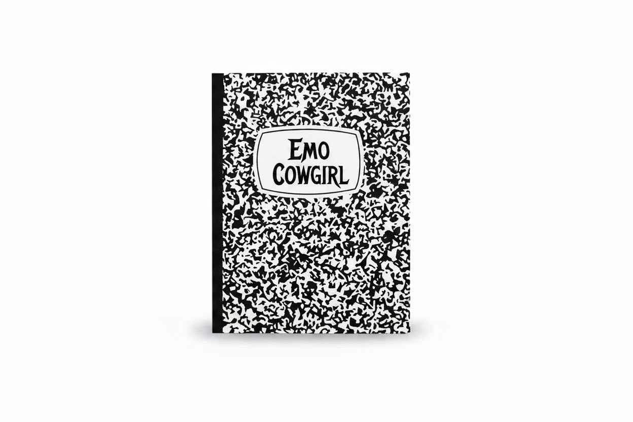A black and white speckled composition notebook with a white label on the front that reads 'EMO COWBOY' in black text, shown on a plain white background.