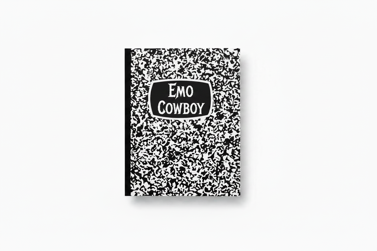 A black and white speckled composition notebook with a black spine and a black label on the cover that reads 'EMO COWBOY' in white text, shown on a plain white background.