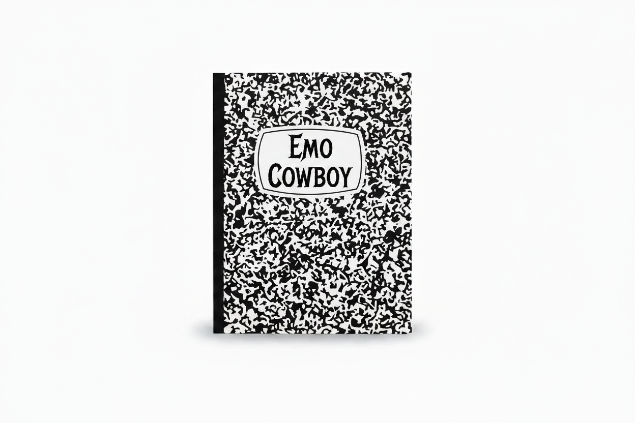 A black and white speckled composition notebook with a white label on the front that reads 'EMO COWBOY' in black text, shown on a plain white background.