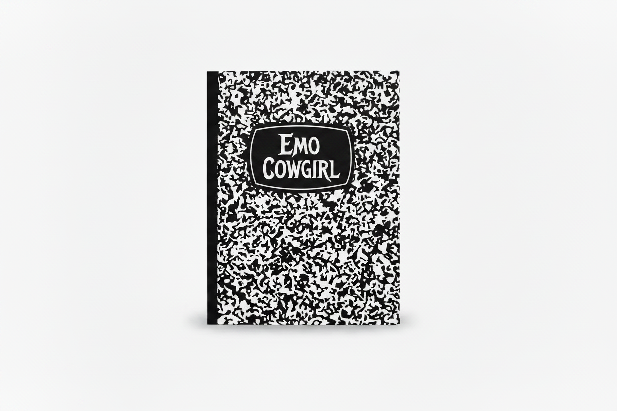 A black and white speckled composition notebook with a black spine and a black label on the cover that reads 'EMO COWGIRL' in white text, shown on a light gray background.