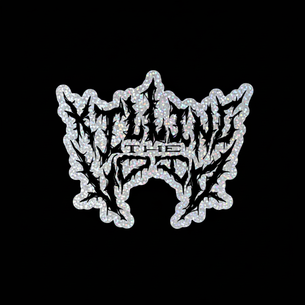 Killing The Void silver sparkle holographic die-cut sticker on black background