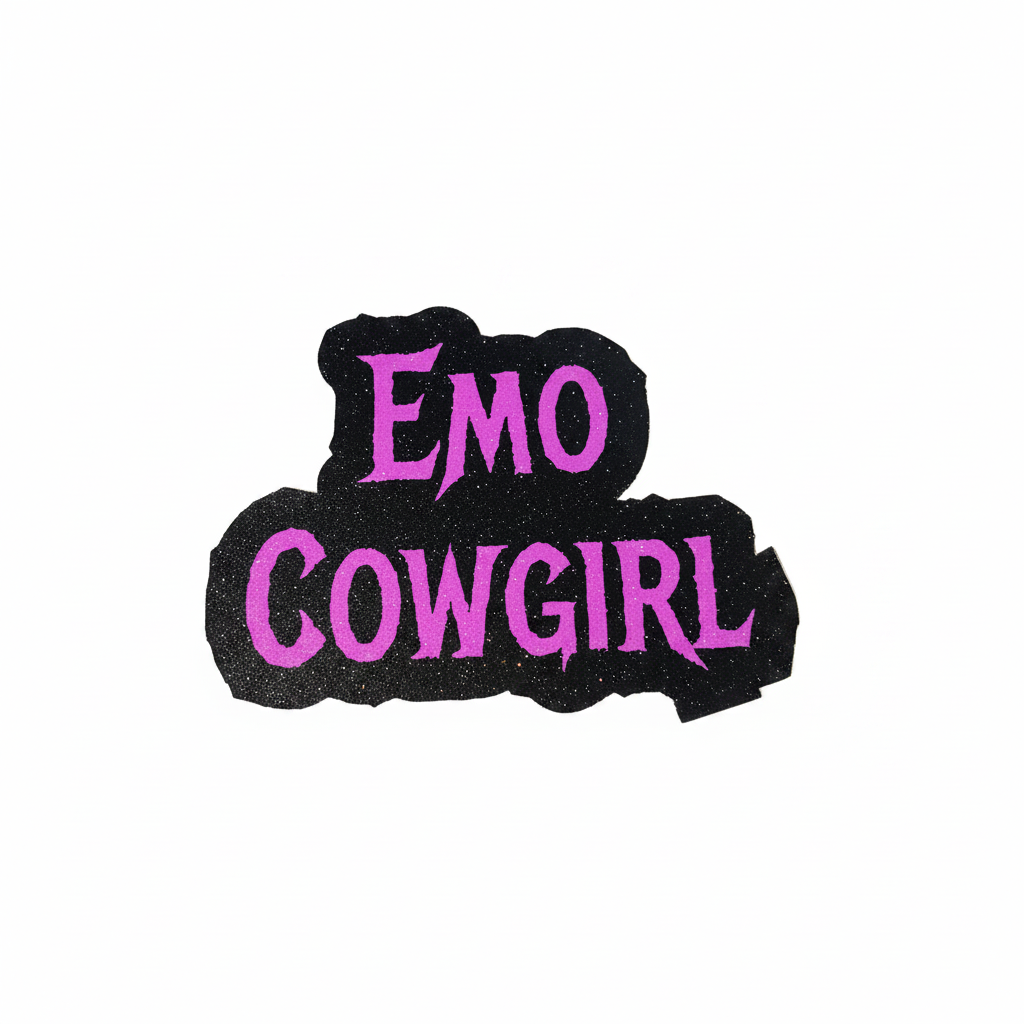 Handmade die-cut Emo Cowgirl sticker with bold purple text on black glitter bubble background, clean product photo on white background