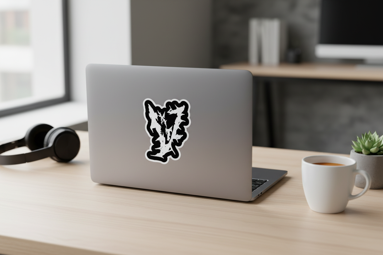 Killing The Void Big V logo die-cut sticker with white design on black background applied to a laptop lid, lifestyle product photo