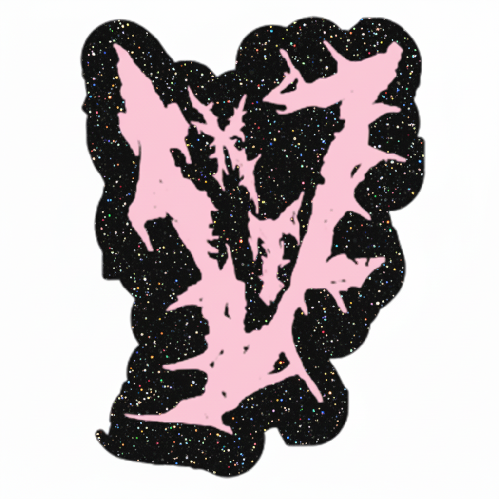 Handmade die-cut Killing The Void Big V logo sticker with bubblegum pink design on black background with black glitter laminate finish, product photo on white background