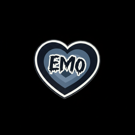 Handmade die-cut EMO heart sticker with concentric navy and blue-gray heart rings and dripping horror-style EMO text, product photo on black background