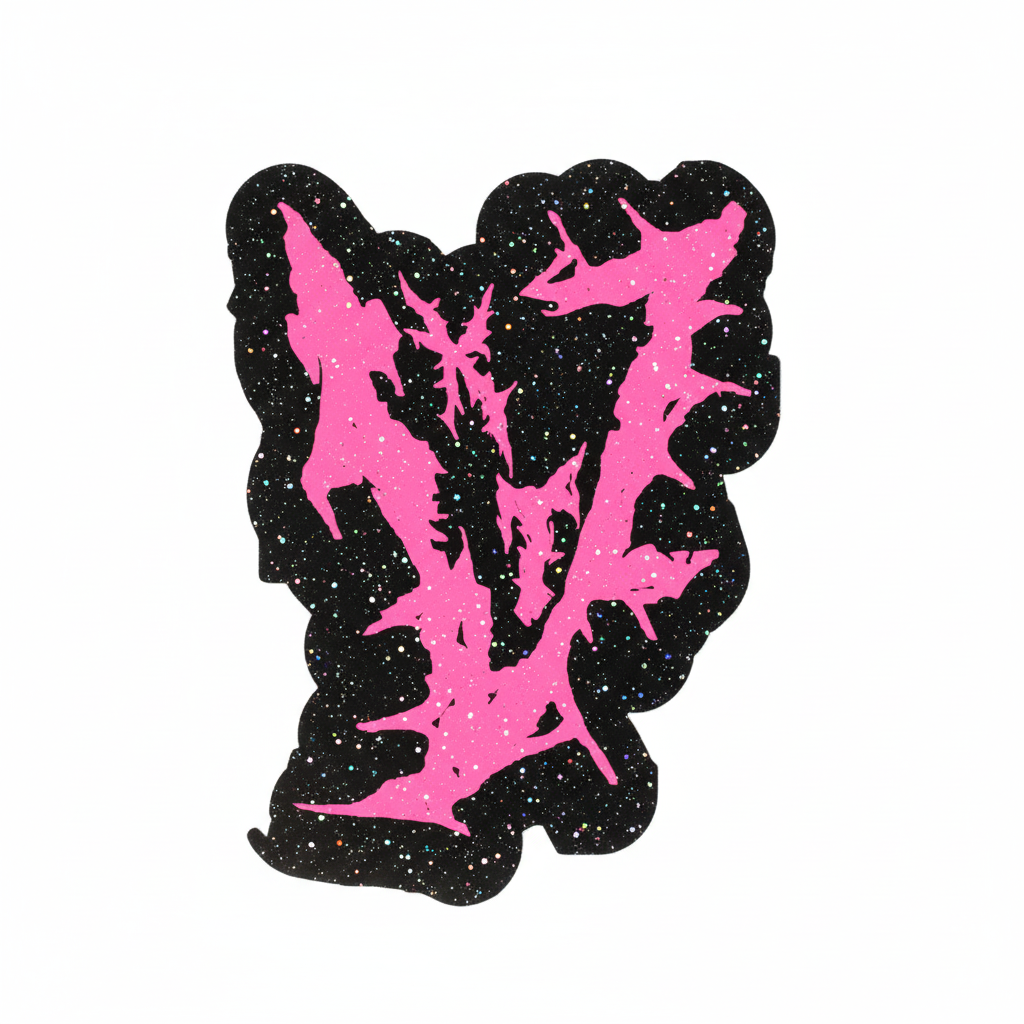 Handmade die-cut Killing The Void Big V logo sticker with hot pink design on black background with black glitter laminate finish, product photo on white background