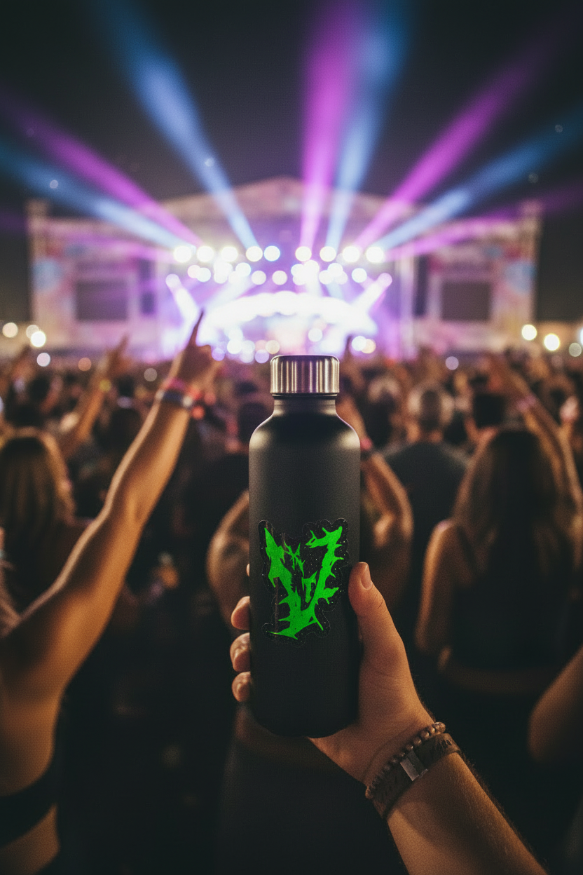 Killing The Void Big V logo die-cut sticker with neon green design on black background applied to a water bottle at a music festival with colorful stage lights