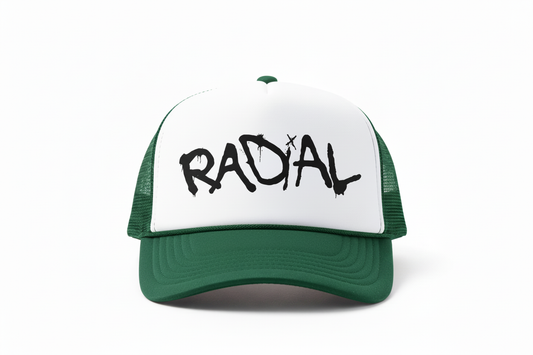 Two-tone white front and green brim Radial trucker hat