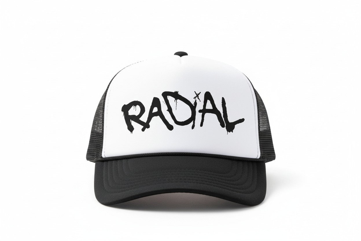 Two-tone white front and black brim Radial trucker hat