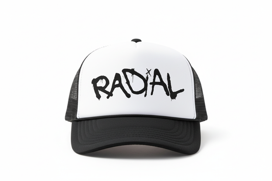 Two-tone white front and black brim Radial trucker hat