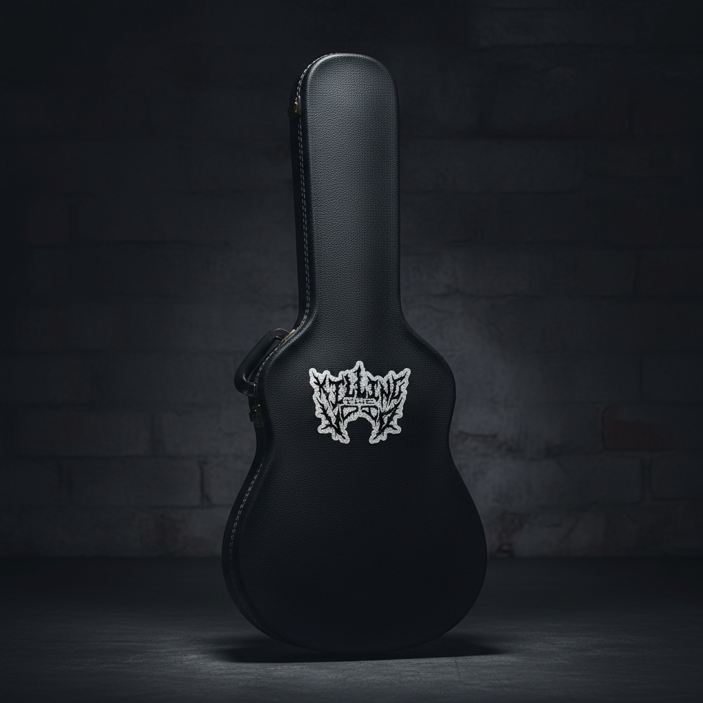 Killing The Void silver sparkle sticker on closed black guitar-shaped hard case