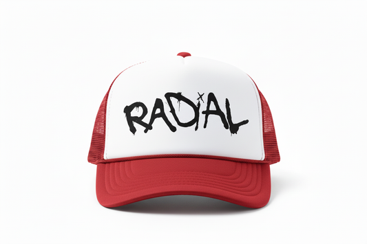 Two-tone white front and red brim Radial trucker hat