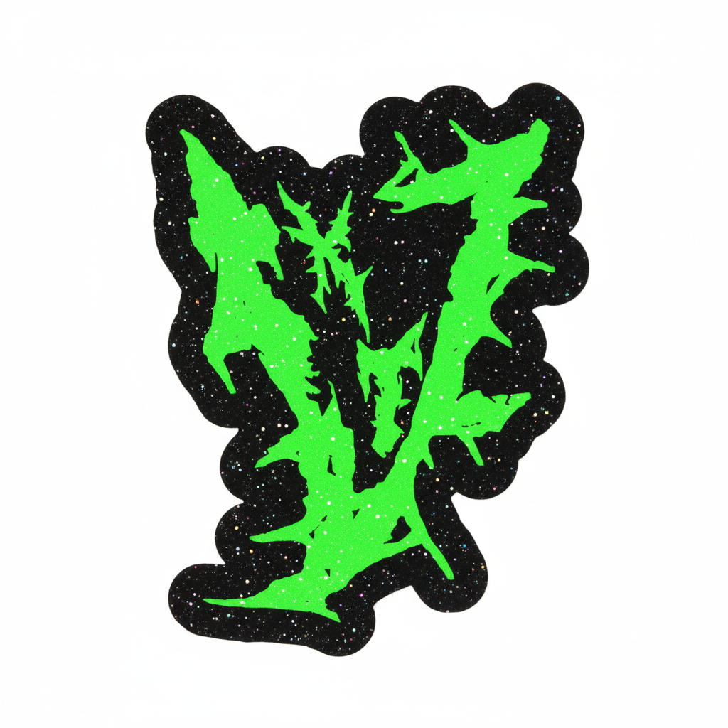 Handmade die-cut Killing The Void Big V logo sticker with neon green design on black background and black glitter laminate finish, product photo on white background