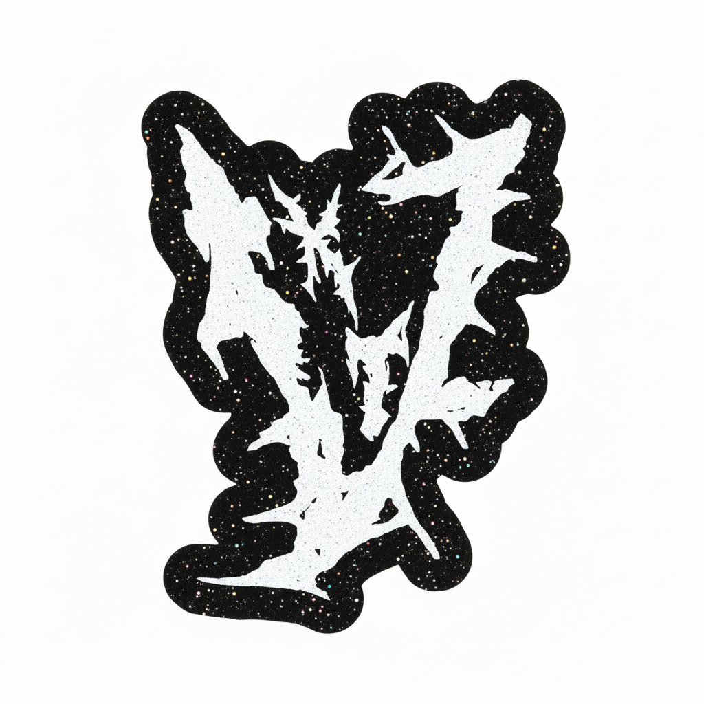 Handmade die-cut Killing The Void Big V logo sticker with white design on black background and black glitter laminate finish, product photo on white background