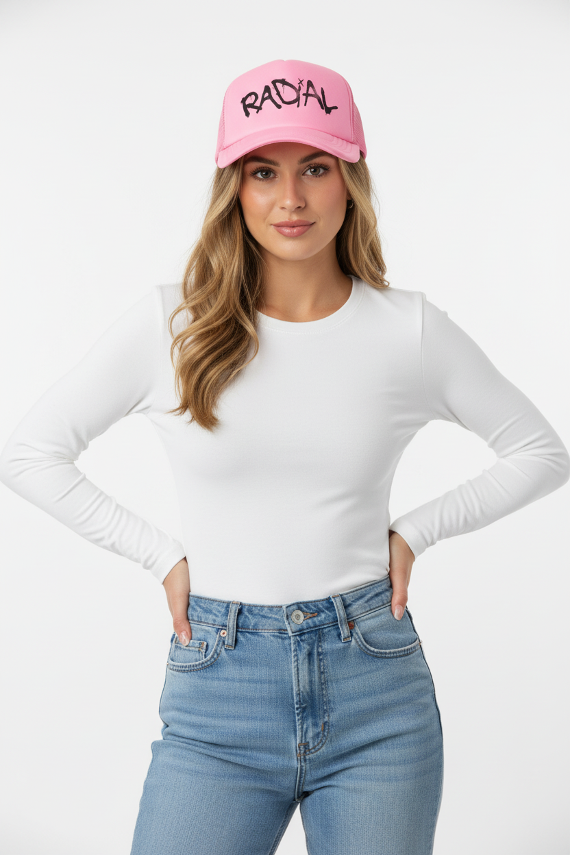 Stylish woman model wearing bubblegum pink Radial trucker hat