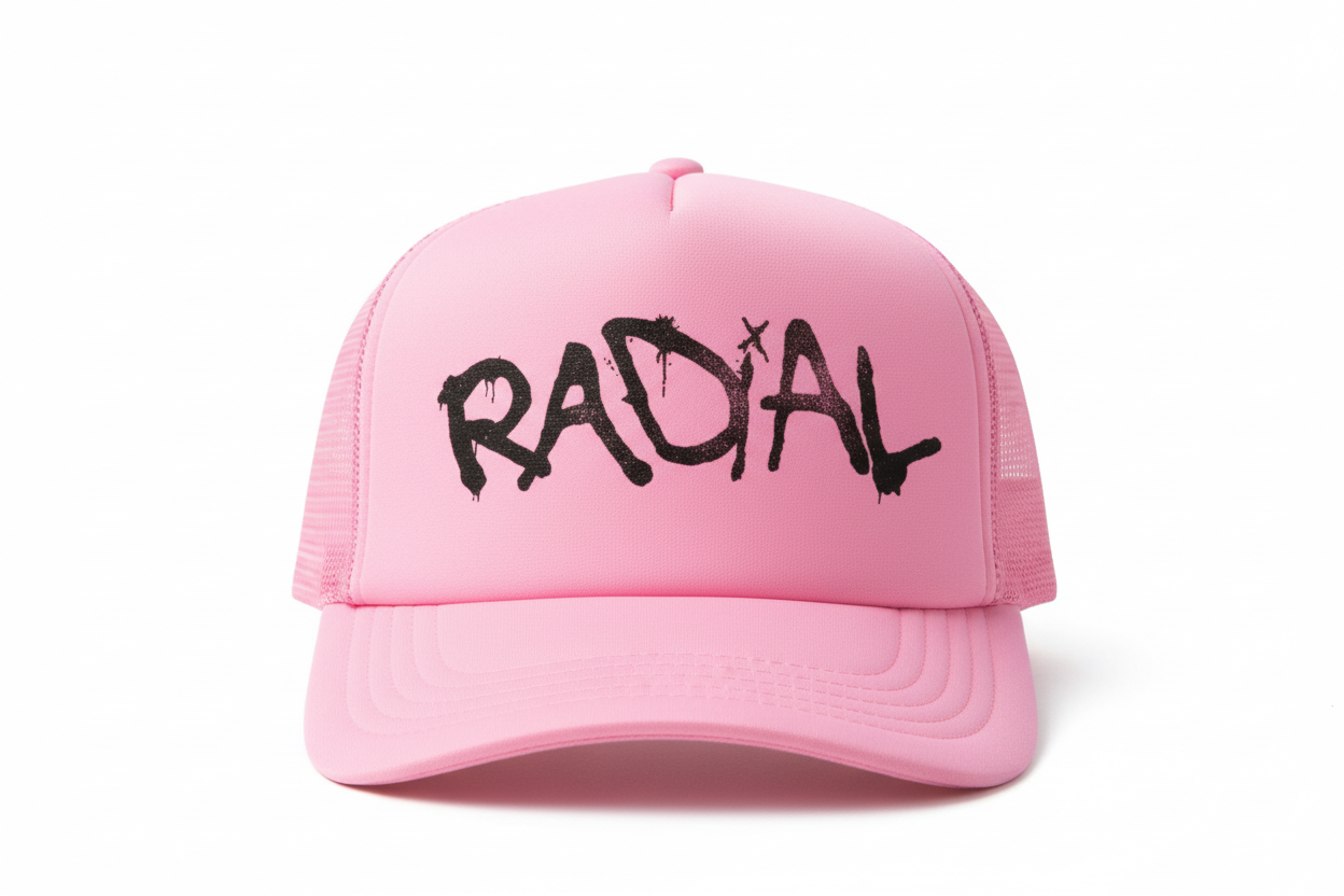 Bubblegum pink trucker hat with black Radial logo