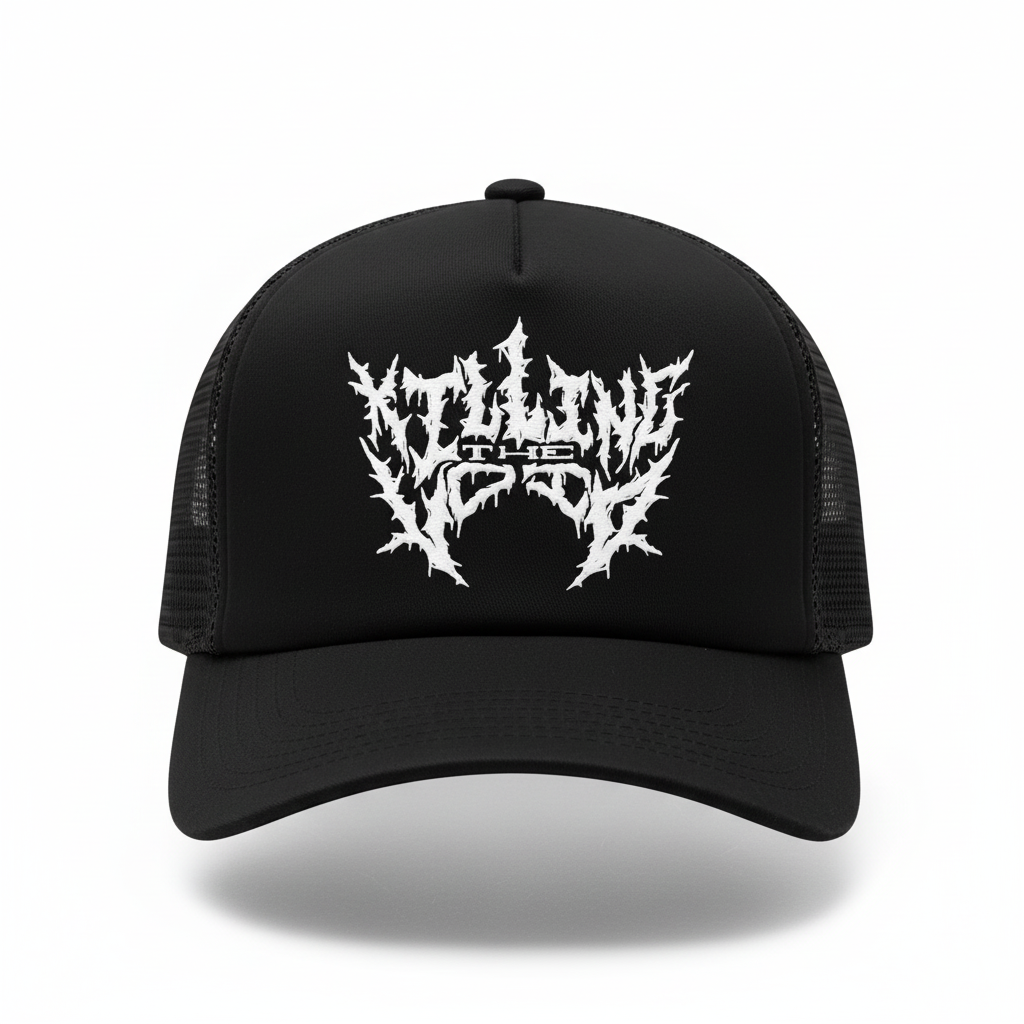 Killing The Void Trucker Hat - Solid Black with White Logo Product Shot