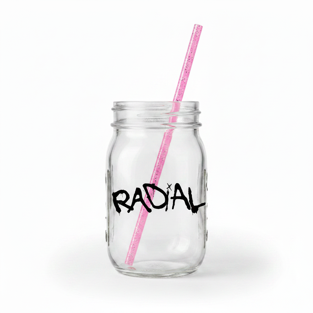 Mason Jar - Black Logo with Pink Glitter Straw