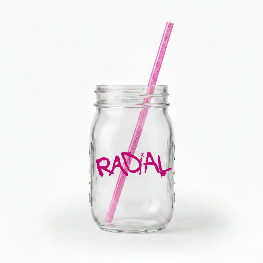 Mason Jar - Hot Pink Logo with Pink Glitter Straw