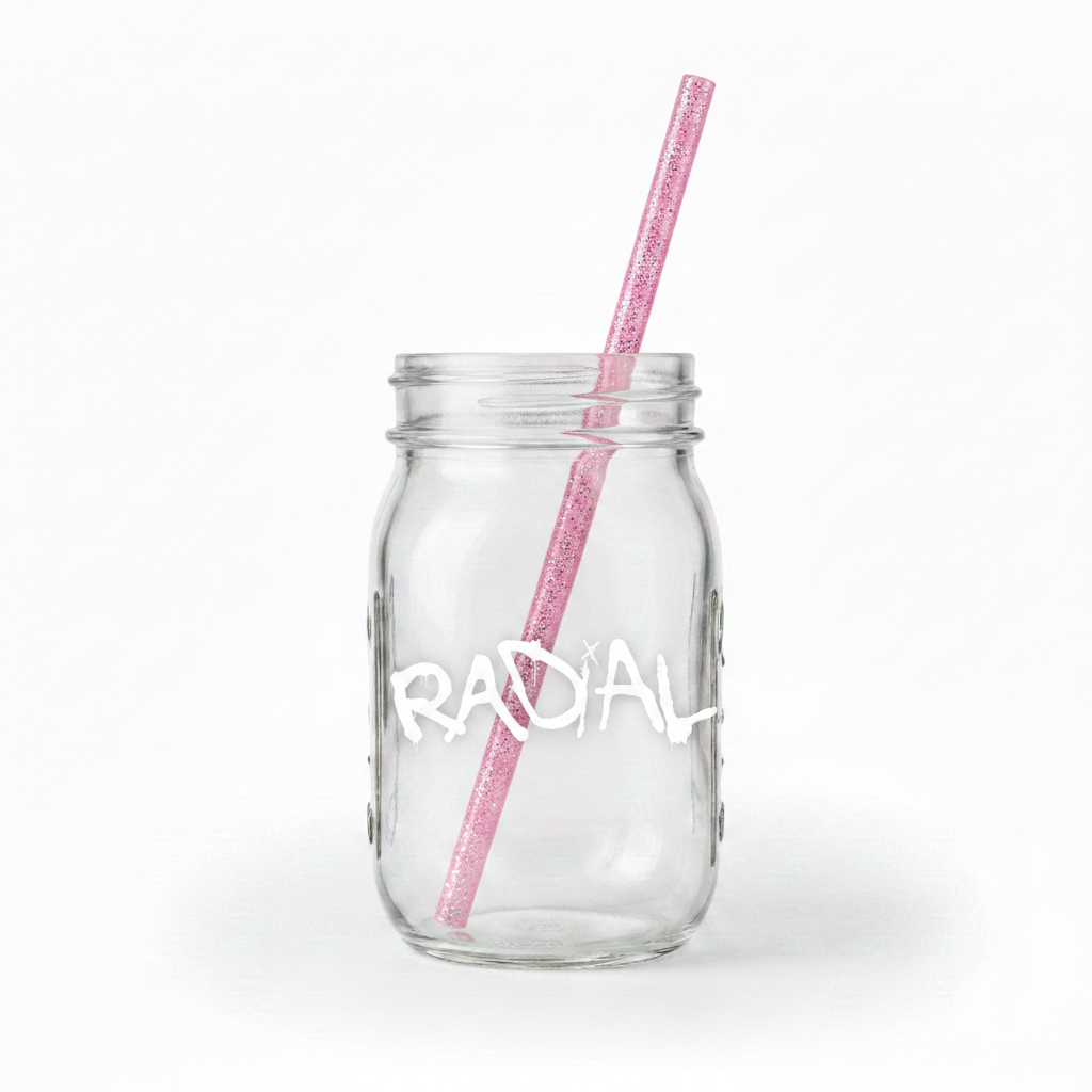 Mason Jar - White Logo with Pink Glitter Straw