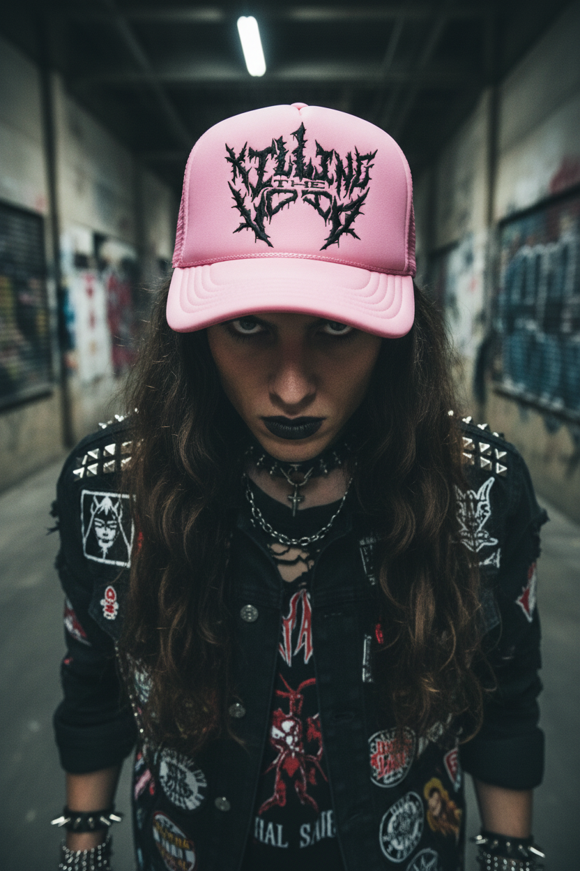 Killing The Void trucker hat in bubblegum pink, metal style