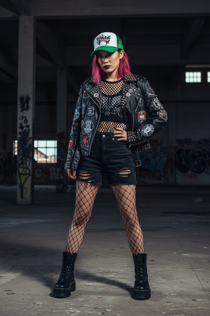 Punk-style model wearing Killing The Void green and white 2-tone trucker hat