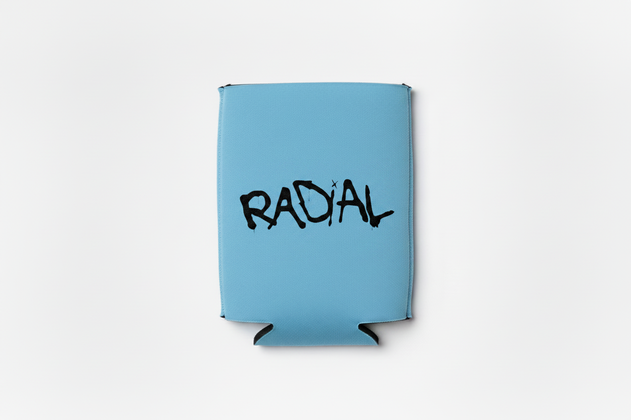 Radial Baby Blue Koozie Black Logo Flat