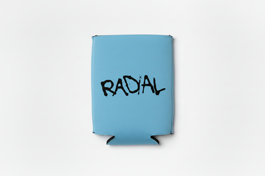 Radial Baby Blue Koozie Black Logo Flat