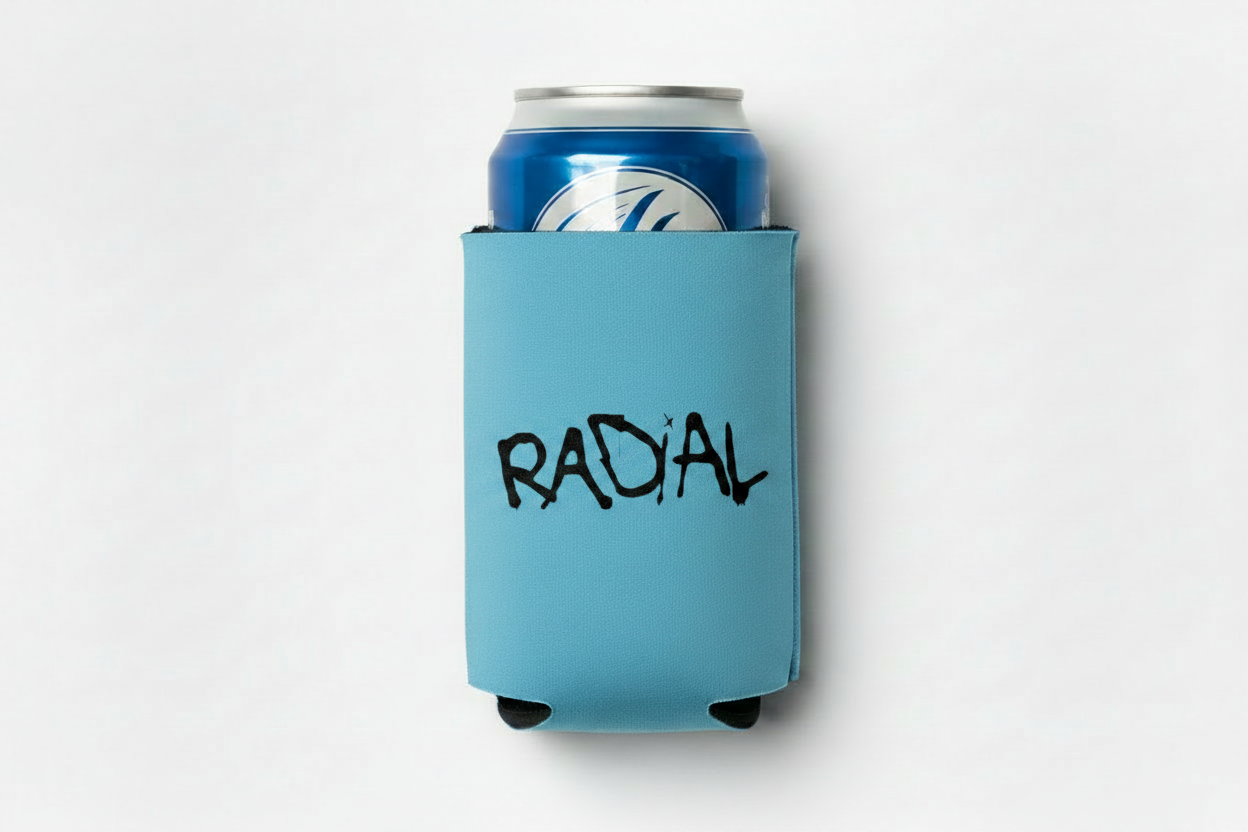 Radial Baby Blue Koozie Black Logo with Can