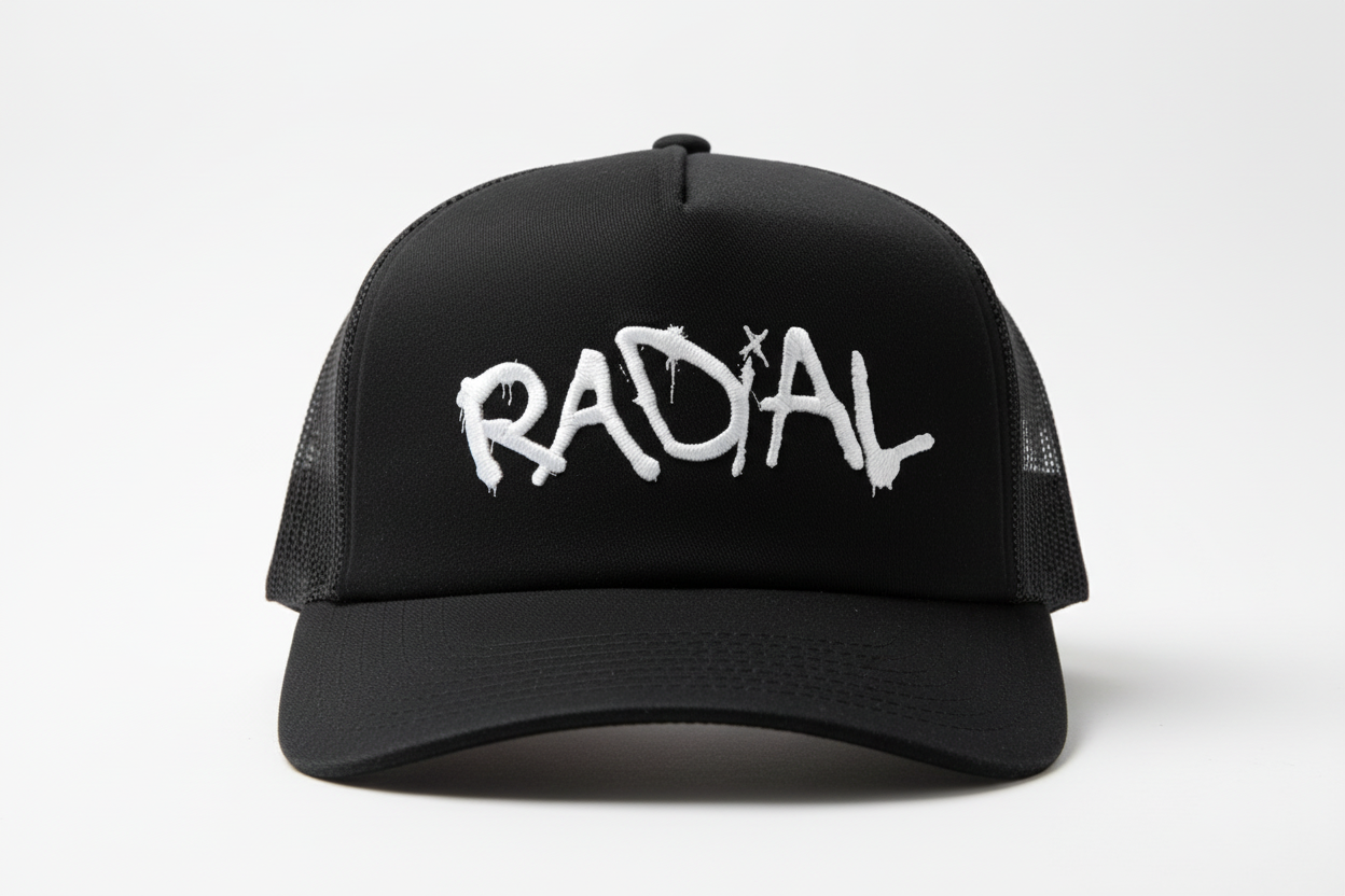 Radial logo black trucker hat
