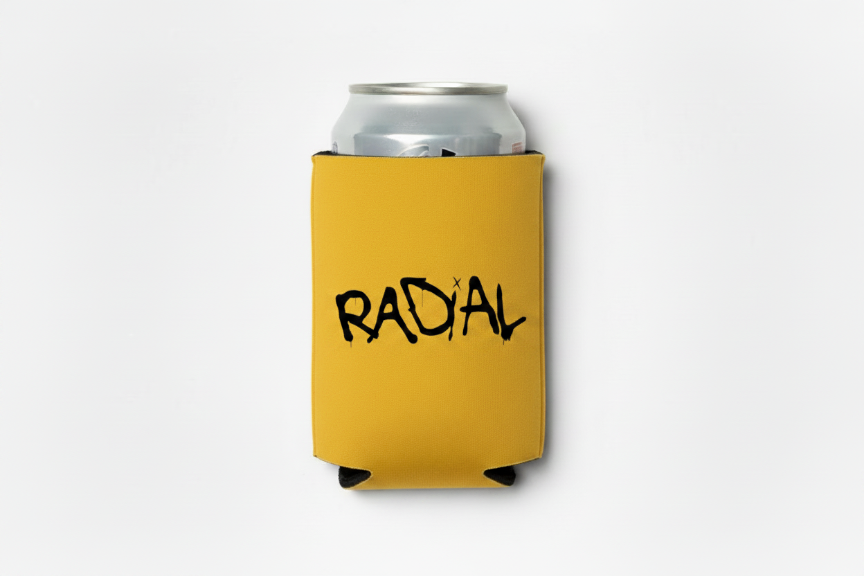 Radial Marigold Koozie Black Logo with Can