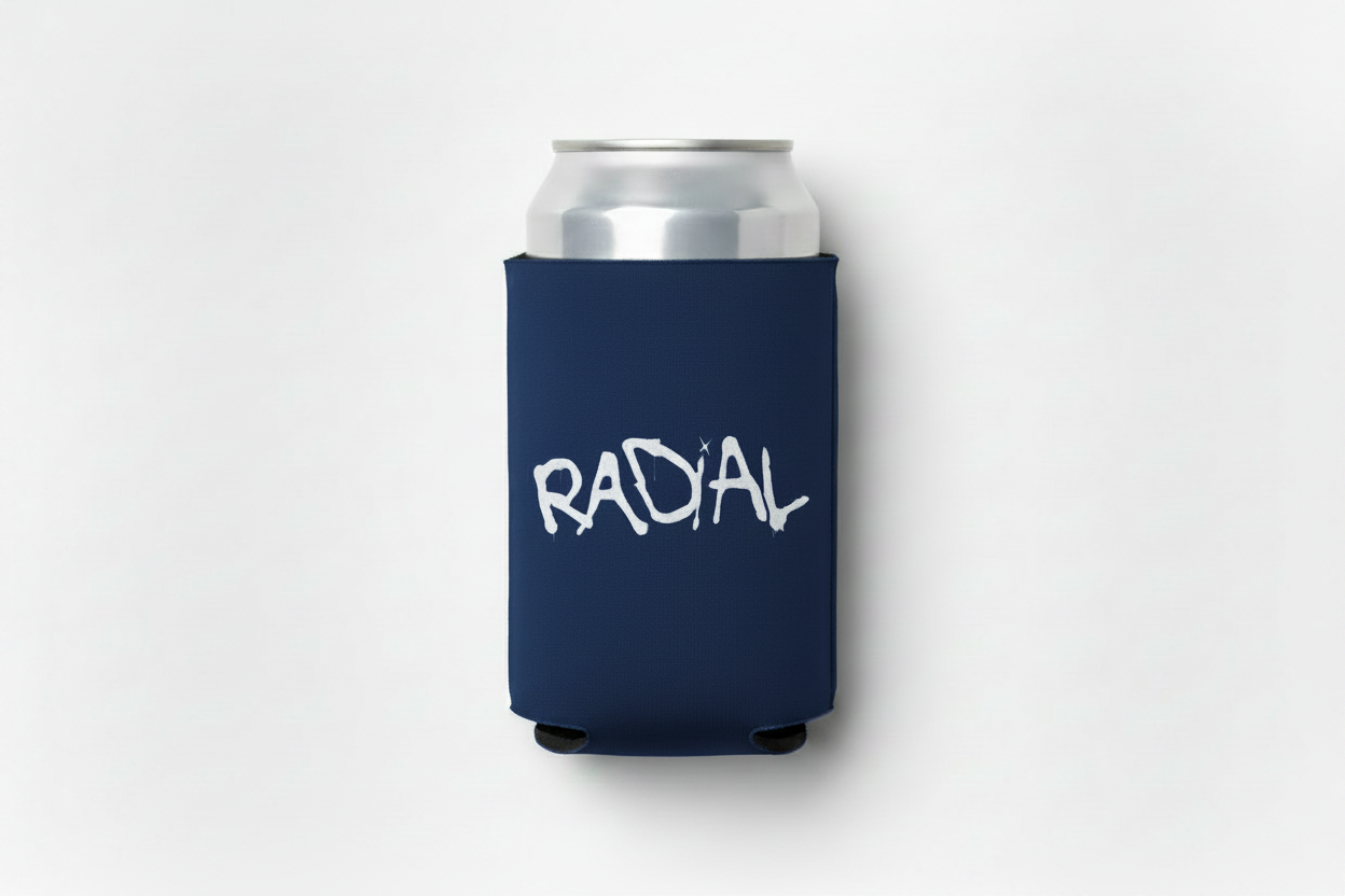 Radial Navy Koozie Bright White Logo with Can