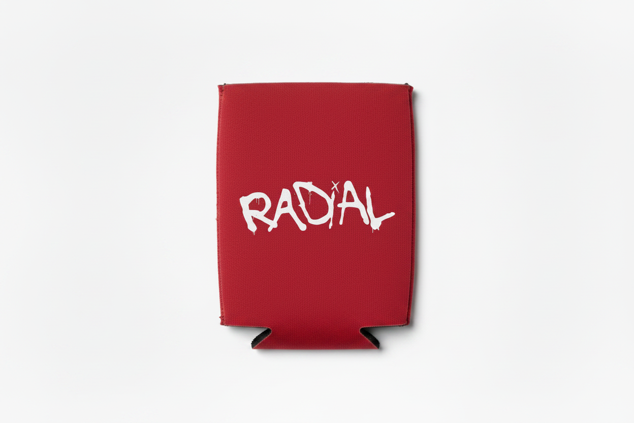 Radial Red Koozie White Logo Flat