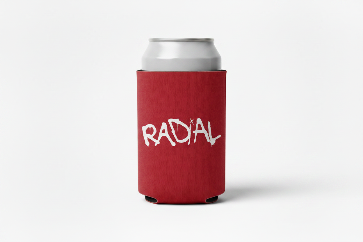 Radial Red Koozie White Logo on Can