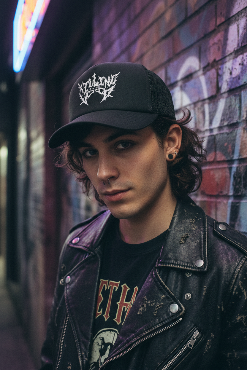 Rock-style model wearing Killing The Void trucker hat