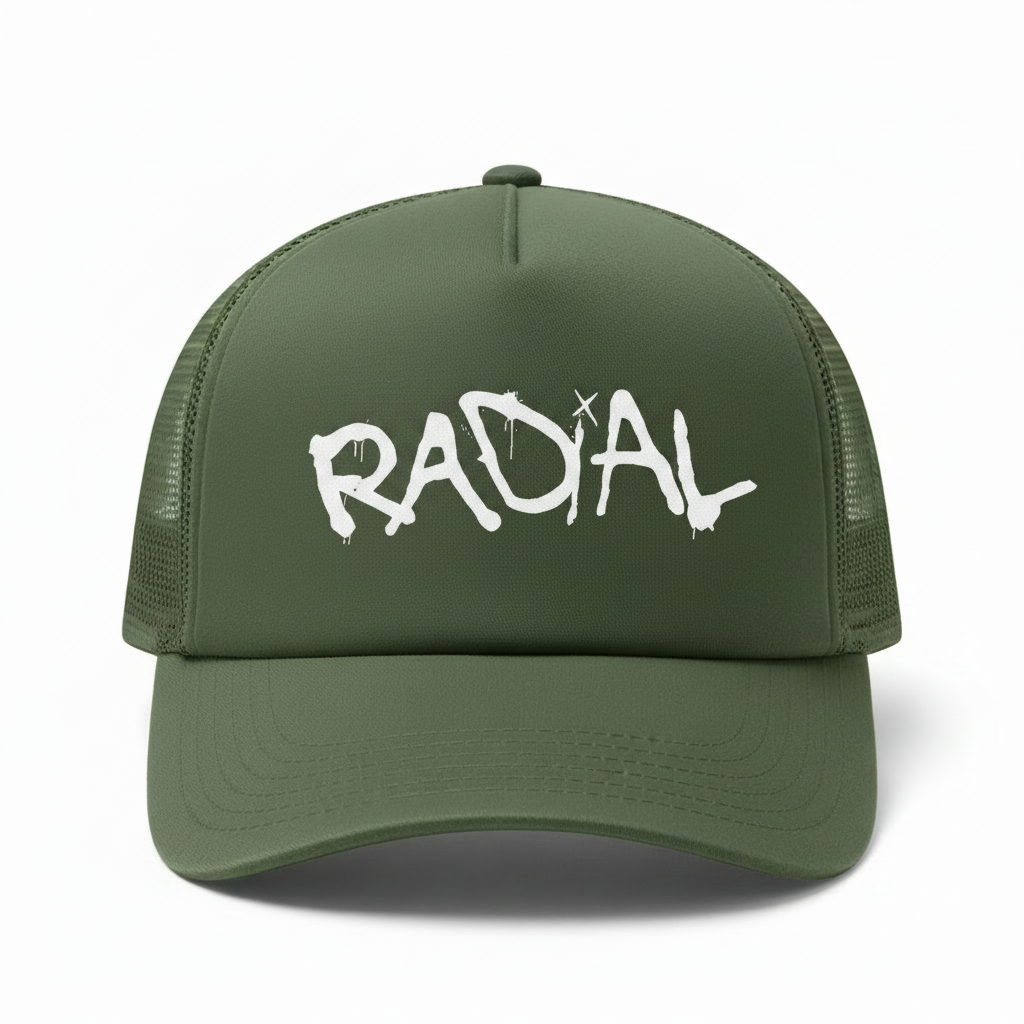 Solid Army Green Radial Trucker Hat - White Logo