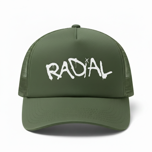 Solid Army Green Radial Trucker Hat - White Logo