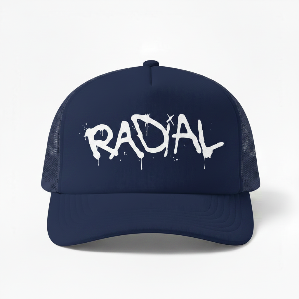 Solid Navy Radial Trucker Hat - White Logo