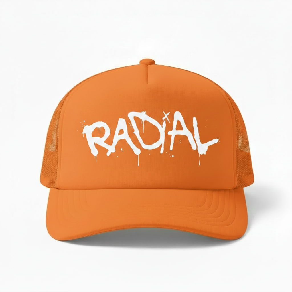 Solid Orange Radial Trucker Hat - White Logo