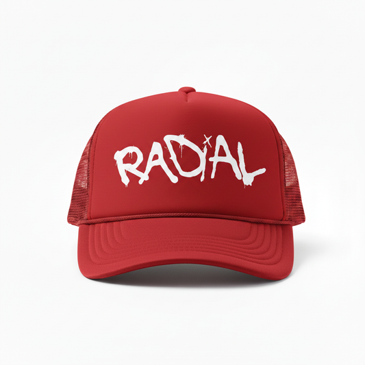 Solid Red Radial Trucker Hat - White Logo