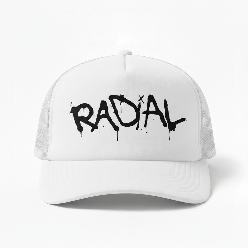 Solid White Radial Trucker Hat - Black Logo